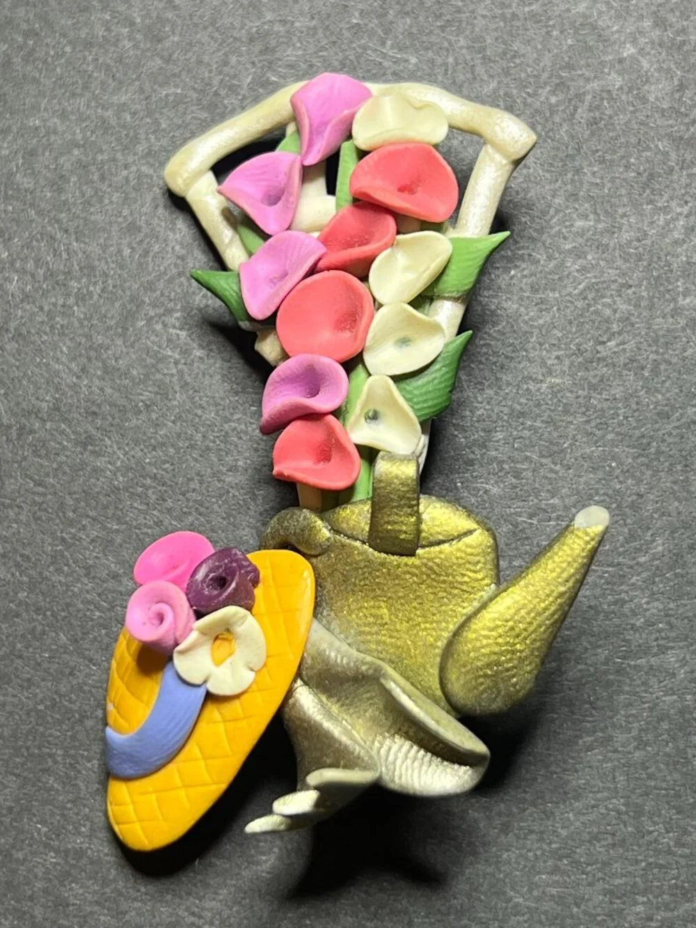 VTG Whimsy Polymer Clay Flower Trellis, Garden Tools, Hat & Watering Can Brooch